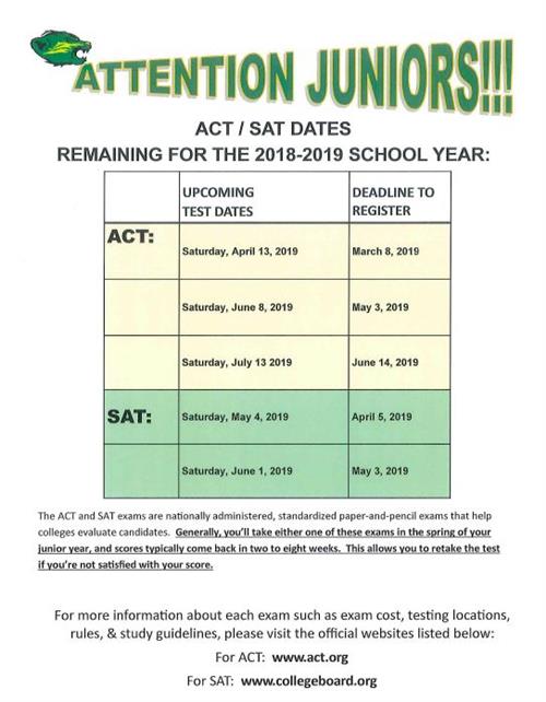 Remaining ACT/SAT dates for the 2018-19 school year 